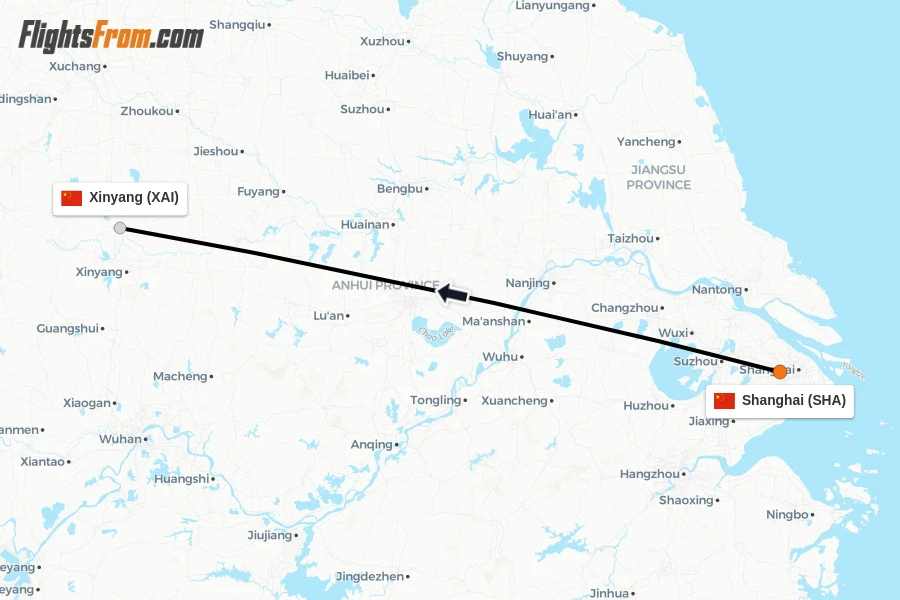 Flights from Shanghai to Xinyang route map