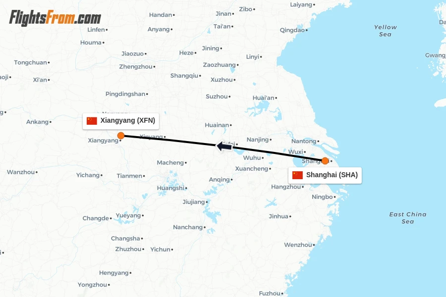 Flights from Shanghai to Xiangyang route map