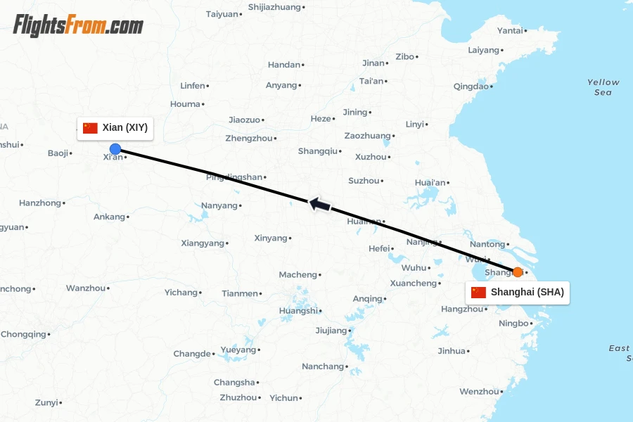 Flights from Shanghai to Xian route map