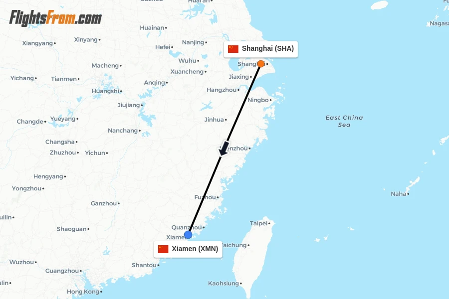 Flights from Shanghai to Xiamen route map