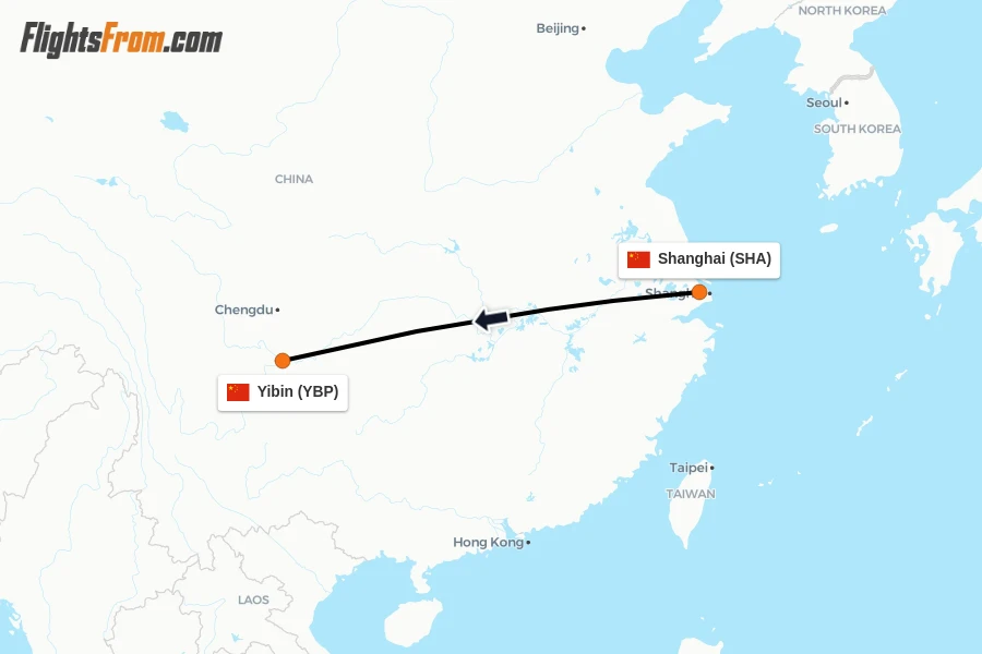 Flights from Shanghai to Yibin route map