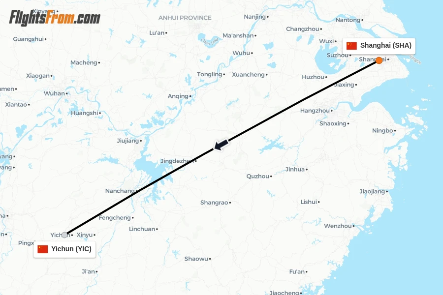 Flights from Shanghai to Yichun route map
