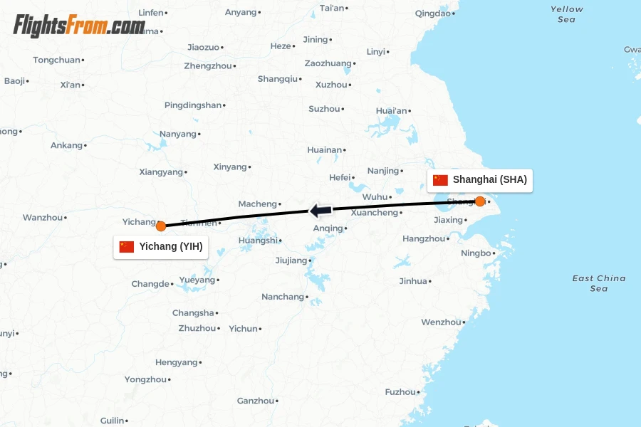 Flights from Shanghai to Yichang route map