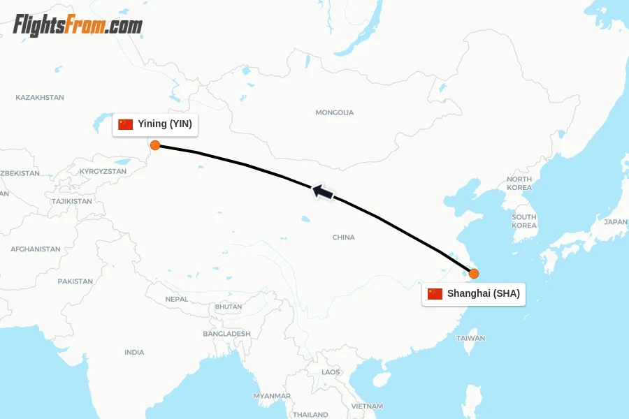 Flights from Shanghai to Yining route map