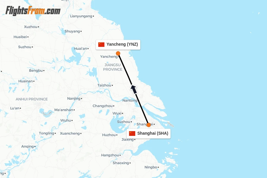 Flights from Shanghai to Yancheng route map