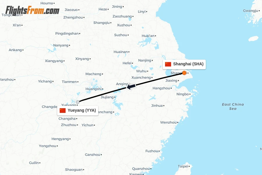 Flights from Shanghai to Yueyang route map