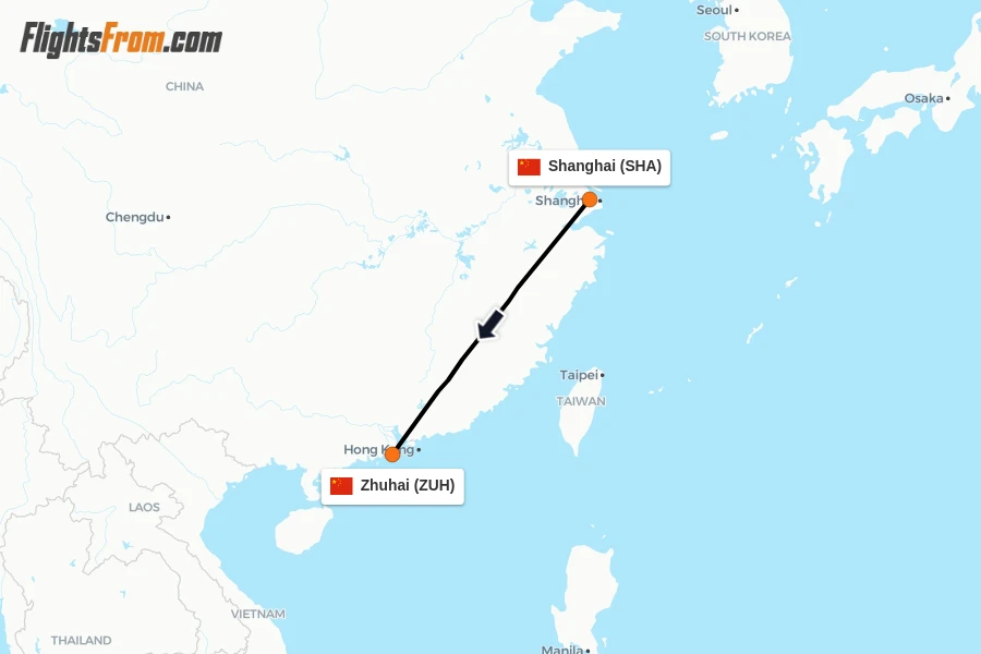 Flights from Shanghai to Zhuhai route map
