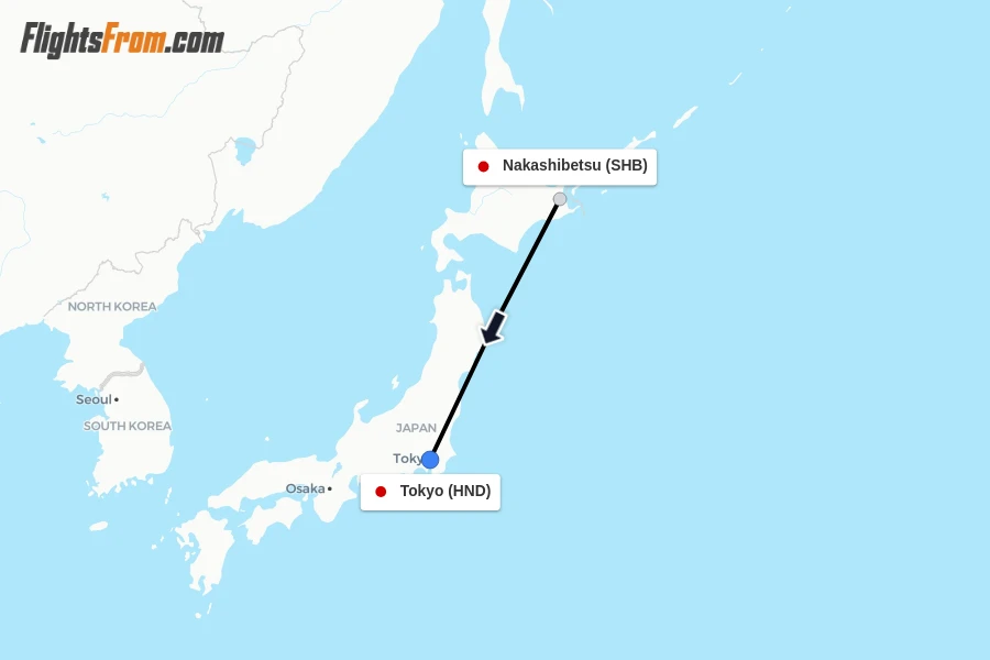 Flights from Nakashibetsu to Tokyo route map