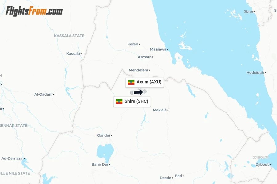 Flights from Shire to Axum route map