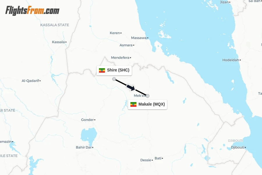 Flights from Shire to Makale route map
