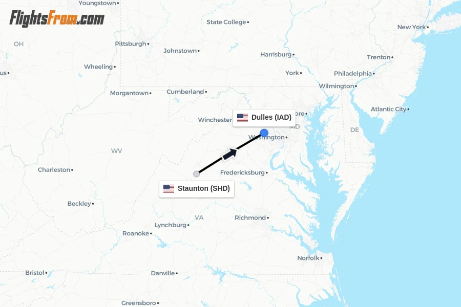 Flights from Staunton to Dulles route map