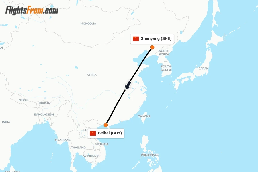 Flights from Shenyang to Beihai route map
