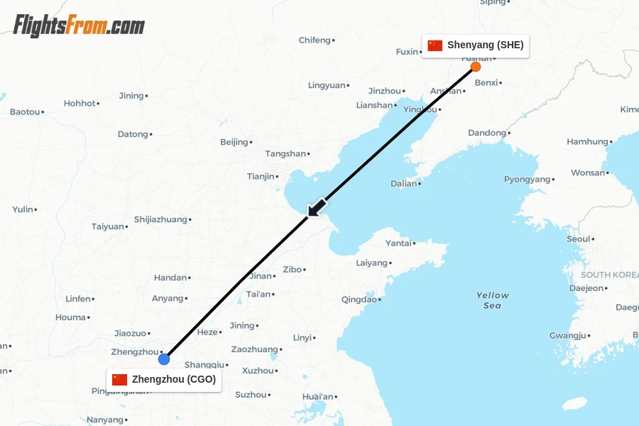 Flights from Shenyang to Zhengzhou route map
