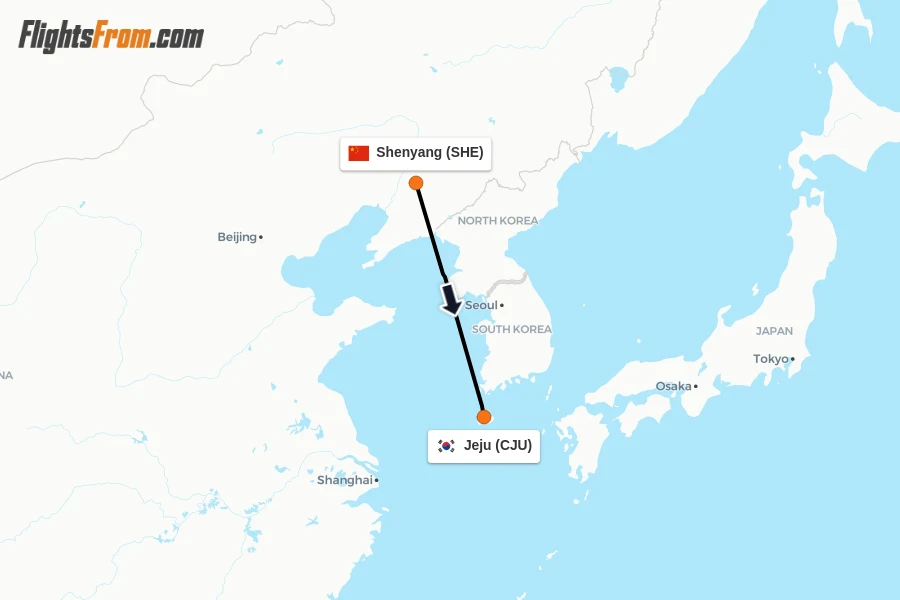 Flights from Shenyang to Jeju route map