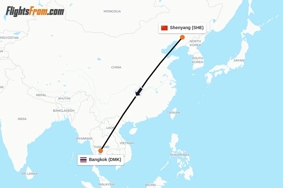 Flights from Shenyang to Bangkok route map