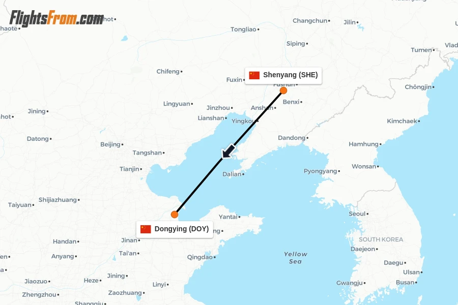 Flights from Shenyang to Dongying route map