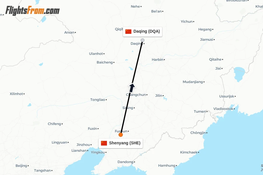 Flights from Shenyang to Daqing route map