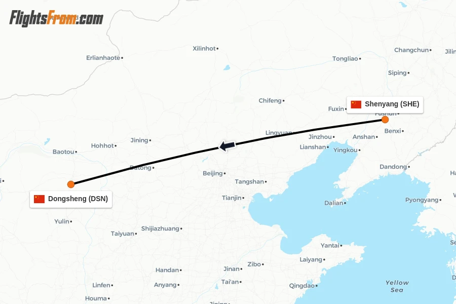 Flights from Shenyang to Dongsheng route map