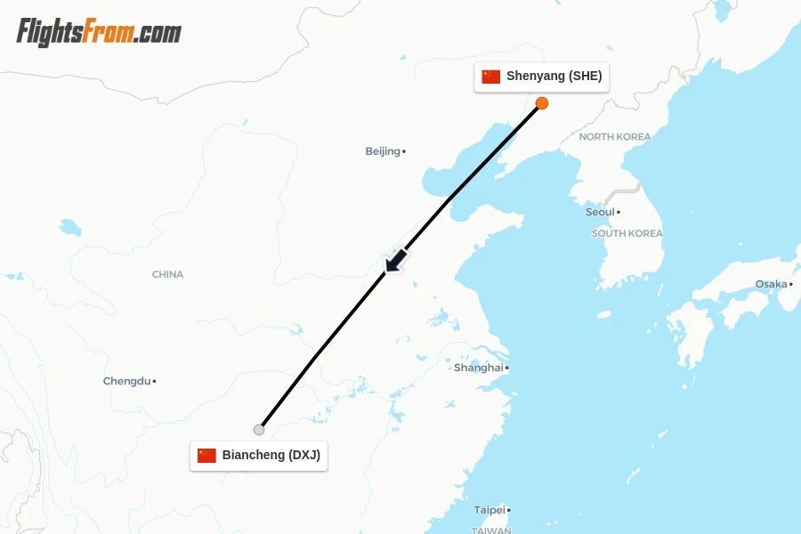 Flights from Shenyang to Biancheng route map