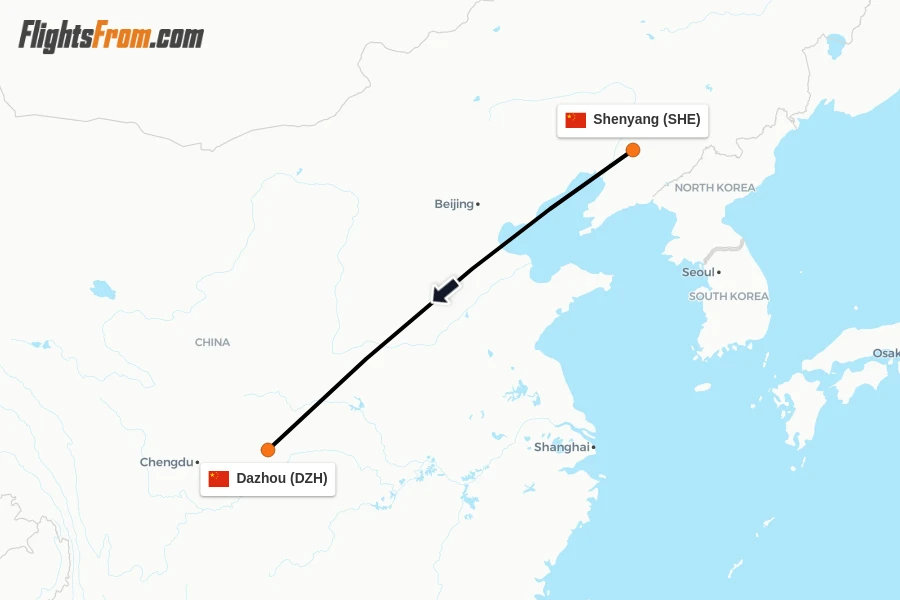 Flights from Shenyang to Dazhou route map