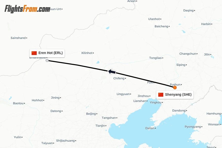 Flights from Shenyang to Eren Hot route map