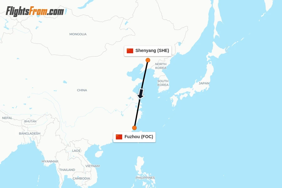 Flights from Shenyang to Fuzhou route map