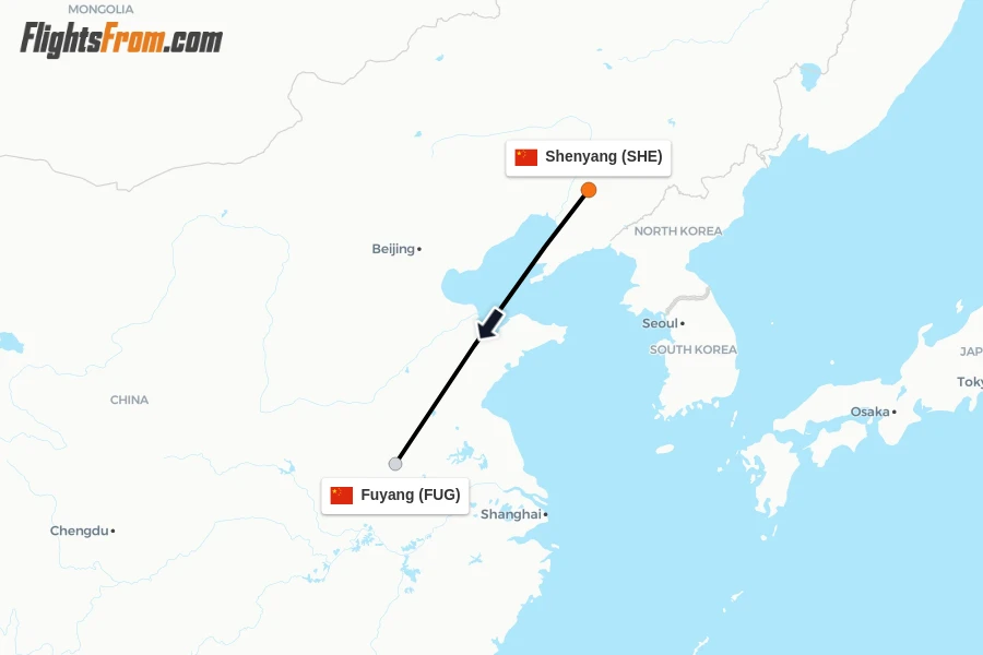 Flights from Shenyang to Fuyang route map