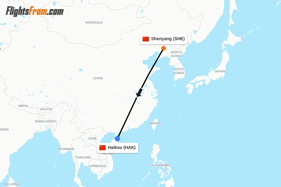 Flights from Shenyang to Haikou route map