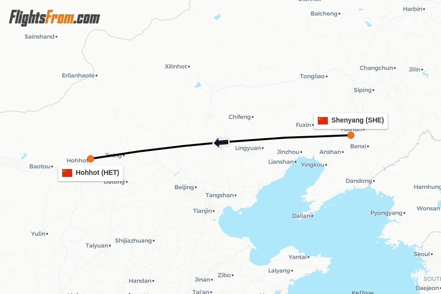 Flights from Shenyang to Hohhot route map