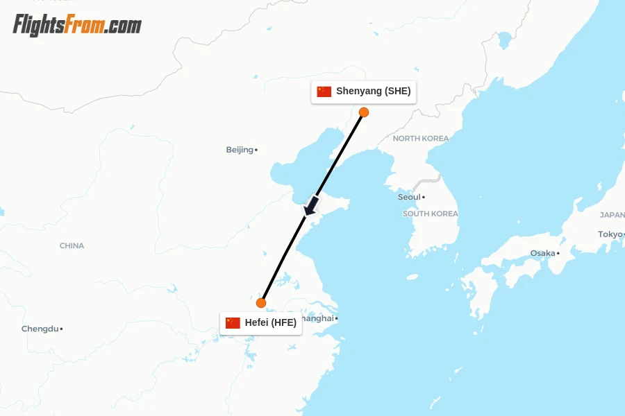 Flights from Shenyang to Hefei route map