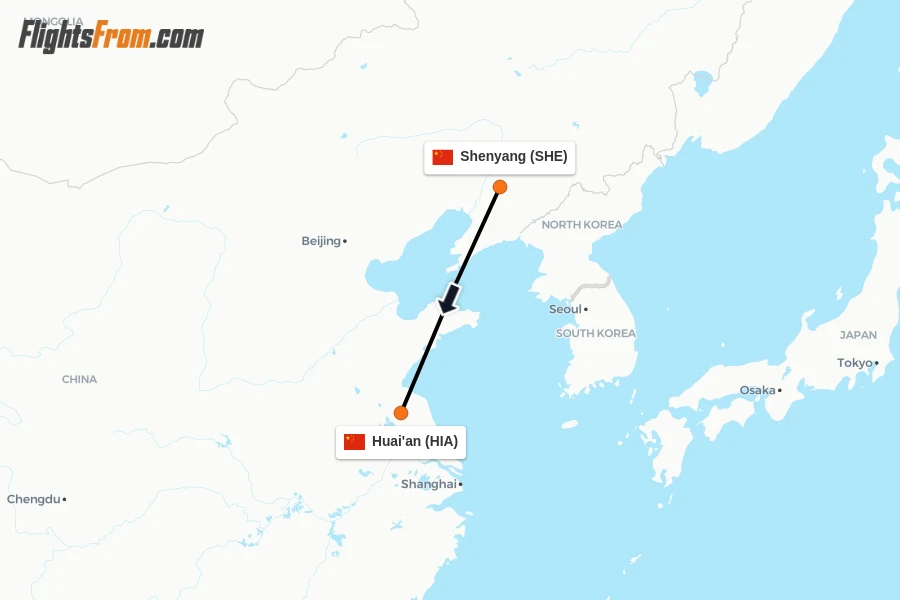 Flights from Shenyang to Huai'an route map