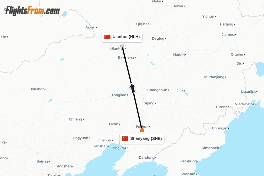 Flights from Shenyang to Ulanhot route map