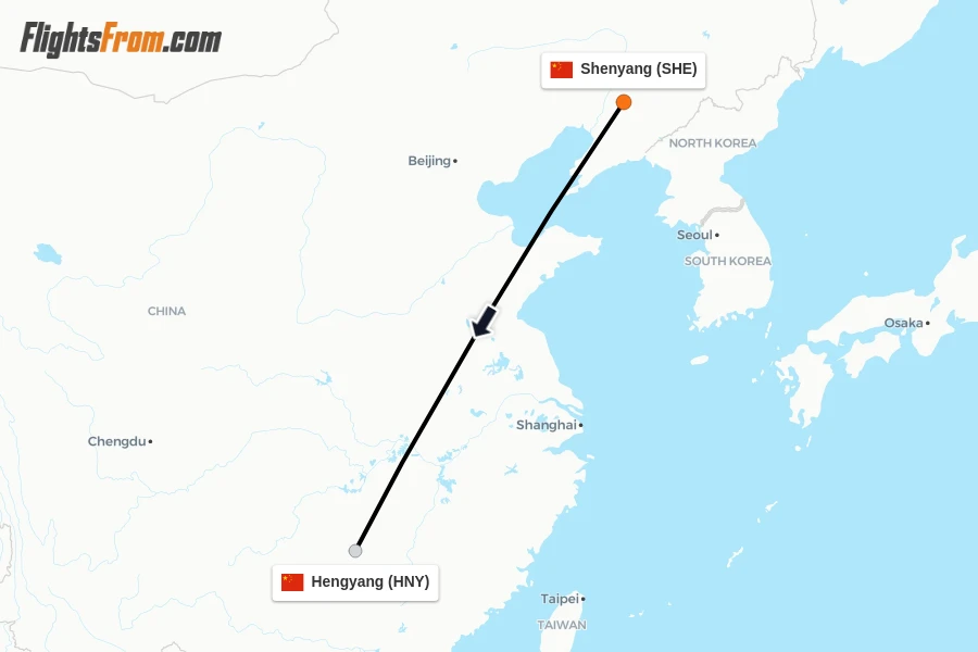 Flights from Shenyang to Hengyang route map