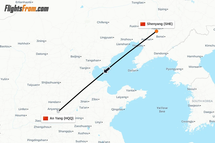 Flights from Shenyang to An Yang route map