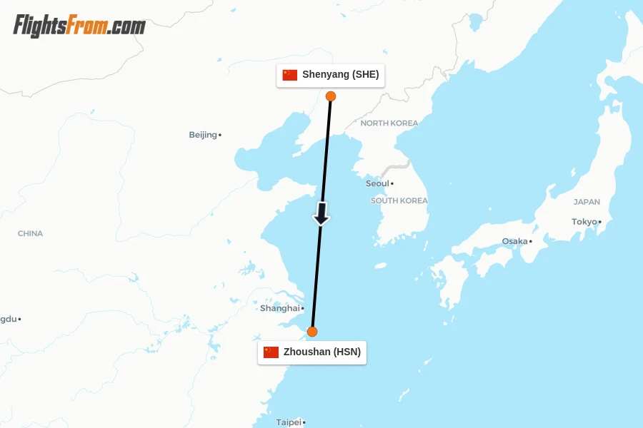 Flights from Shenyang to Zhoushan route map