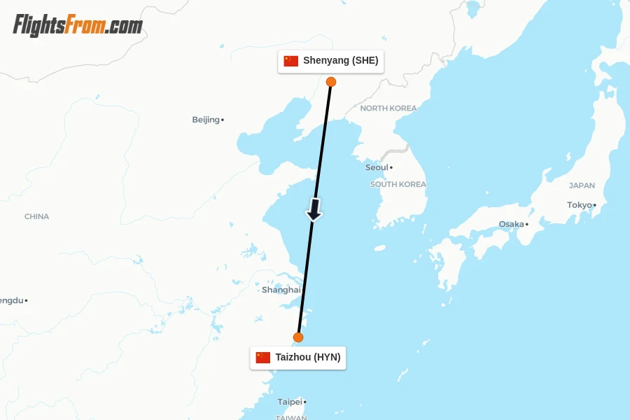 Flights from Shenyang to Taizhou route map
