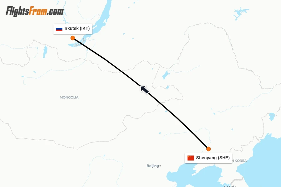 Flights from Shenyang to Irkutsk route map