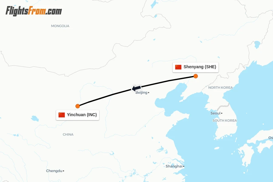 Flights from Shenyang to Yinchuan route map