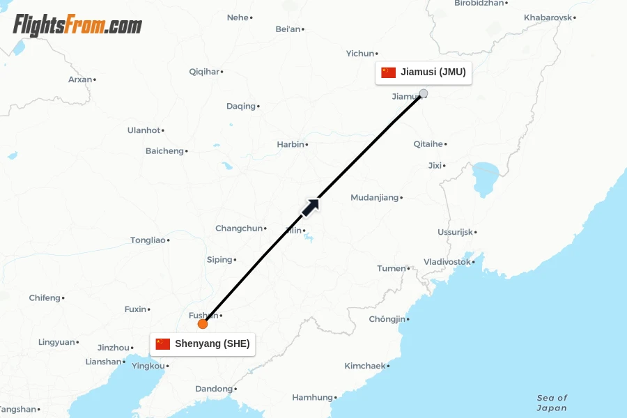Flights from Shenyang to Jiamusi route map