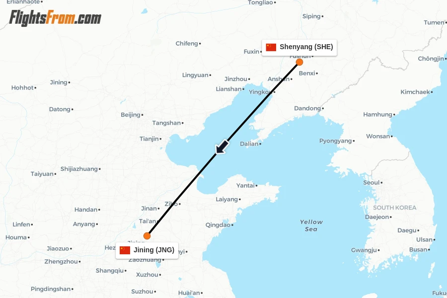 Flights from Shenyang to Jining route map