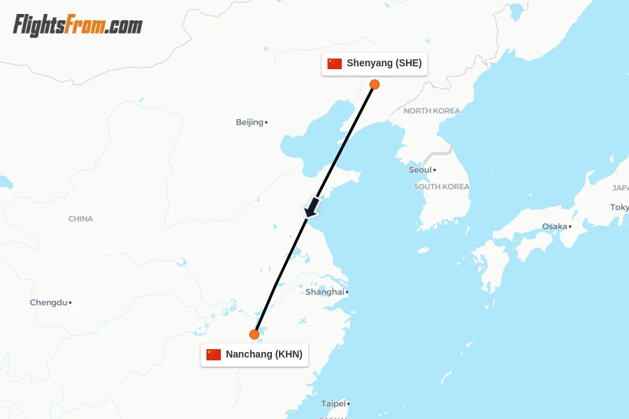Flights from Shenyang to Nanchang route map
