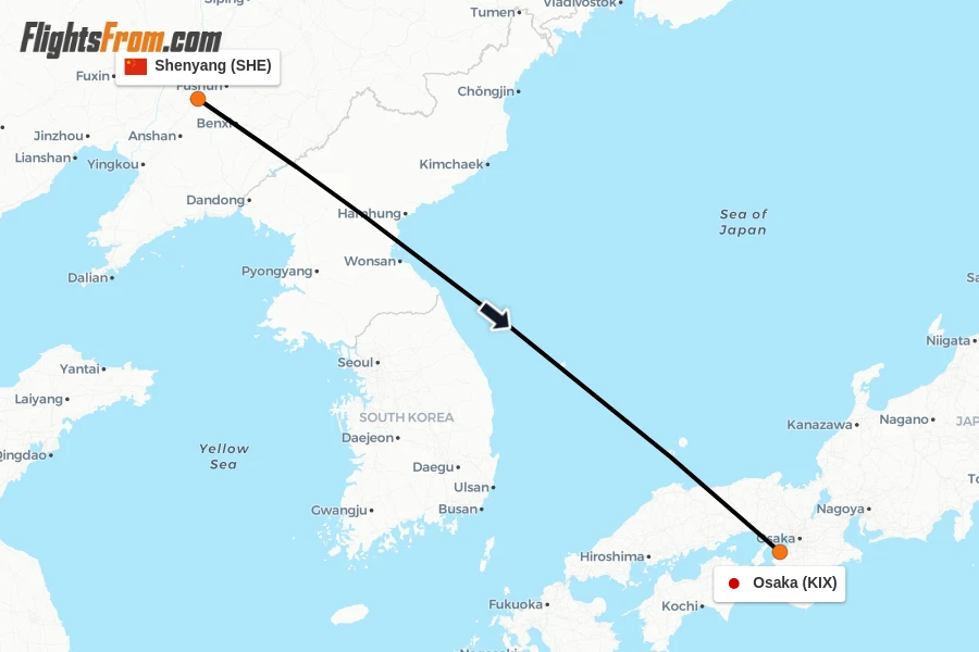 Flights from Shenyang to Osaka route map