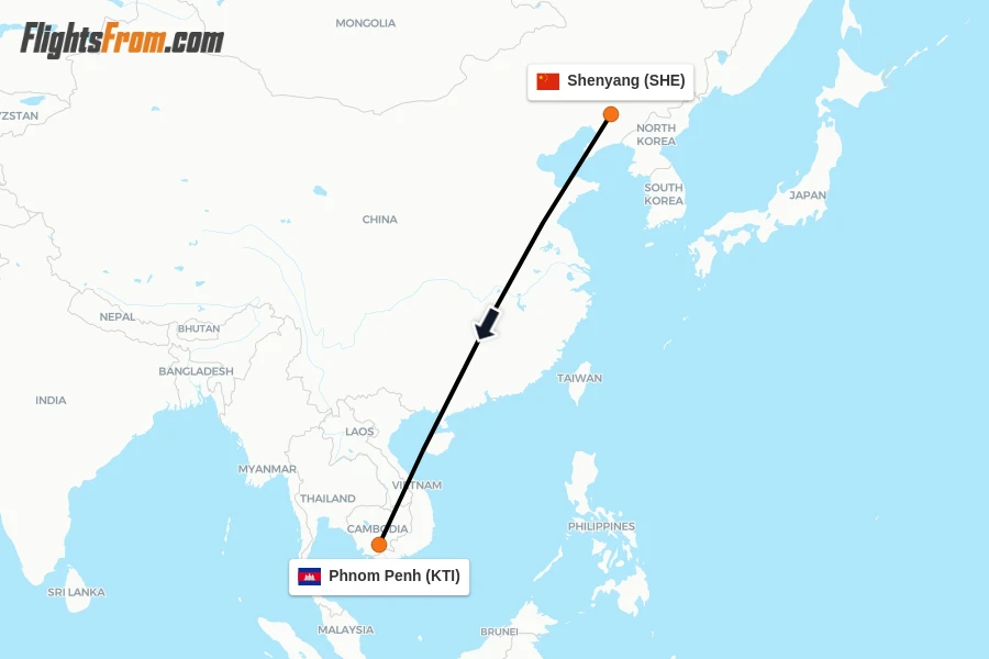 Flights from Shenyang to Phnom Penh route map