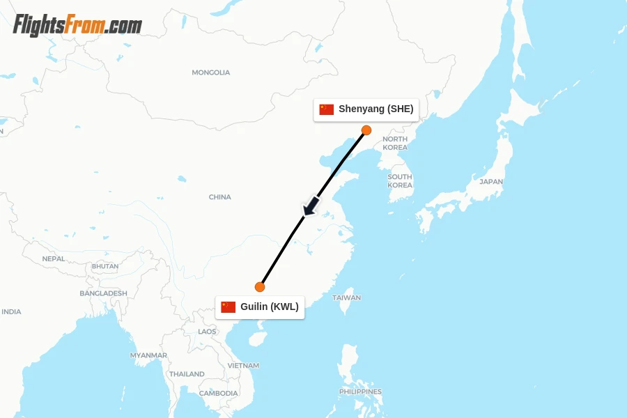 Flights from Shenyang to Guilin route map