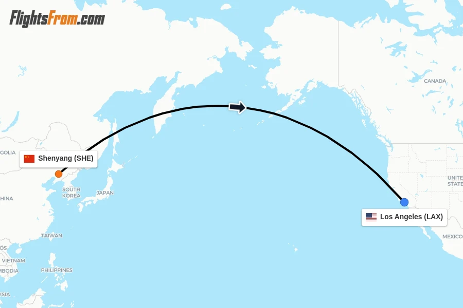 Flights from Shenyang to Los Angeles route map