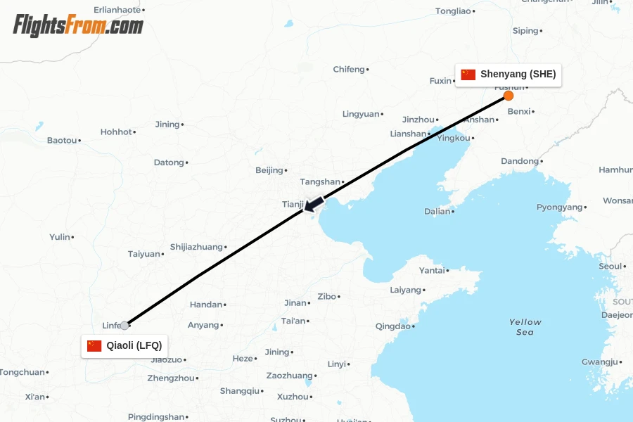 Flights from Shenyang to Qiaoli route map