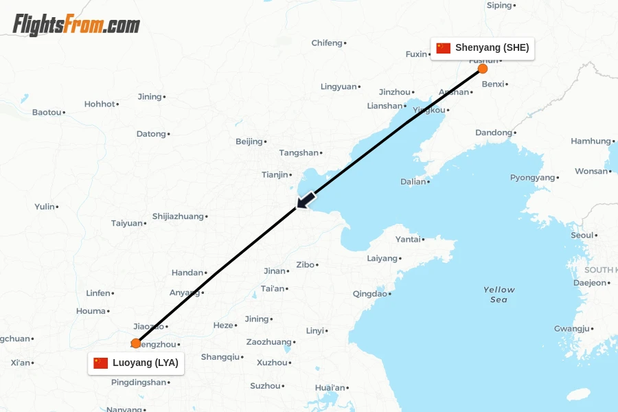 Flights from Shenyang to Luoyang route map