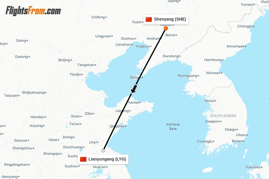 Flights from Shenyang to Lianyungang route map