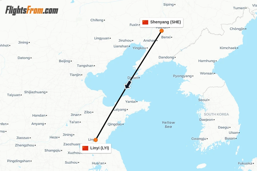 Flights from Shenyang to Linyi route map