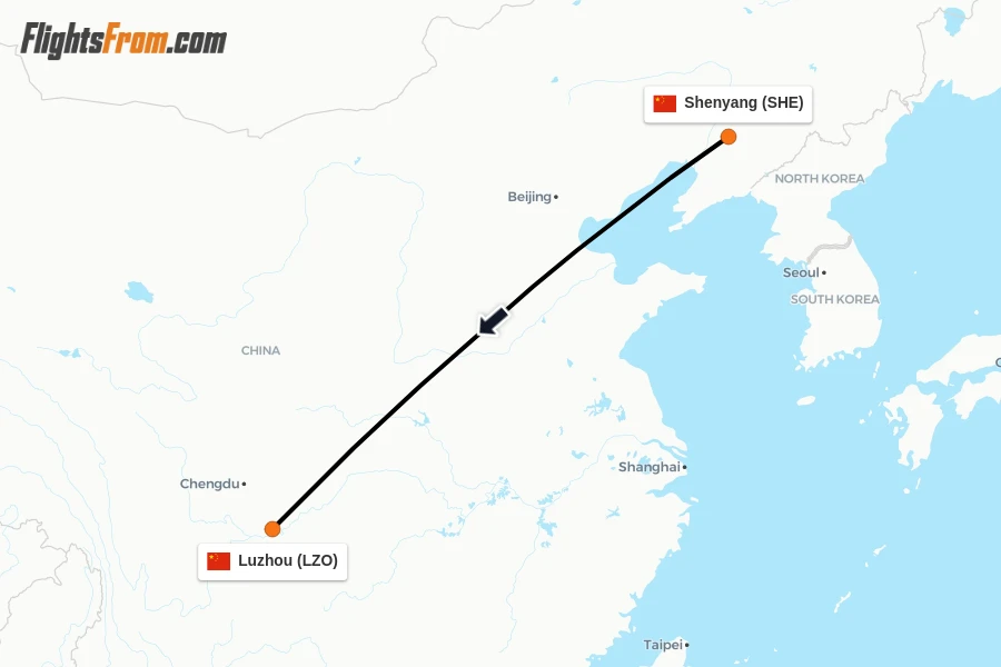 Flights from Shenyang to Luzhou route map